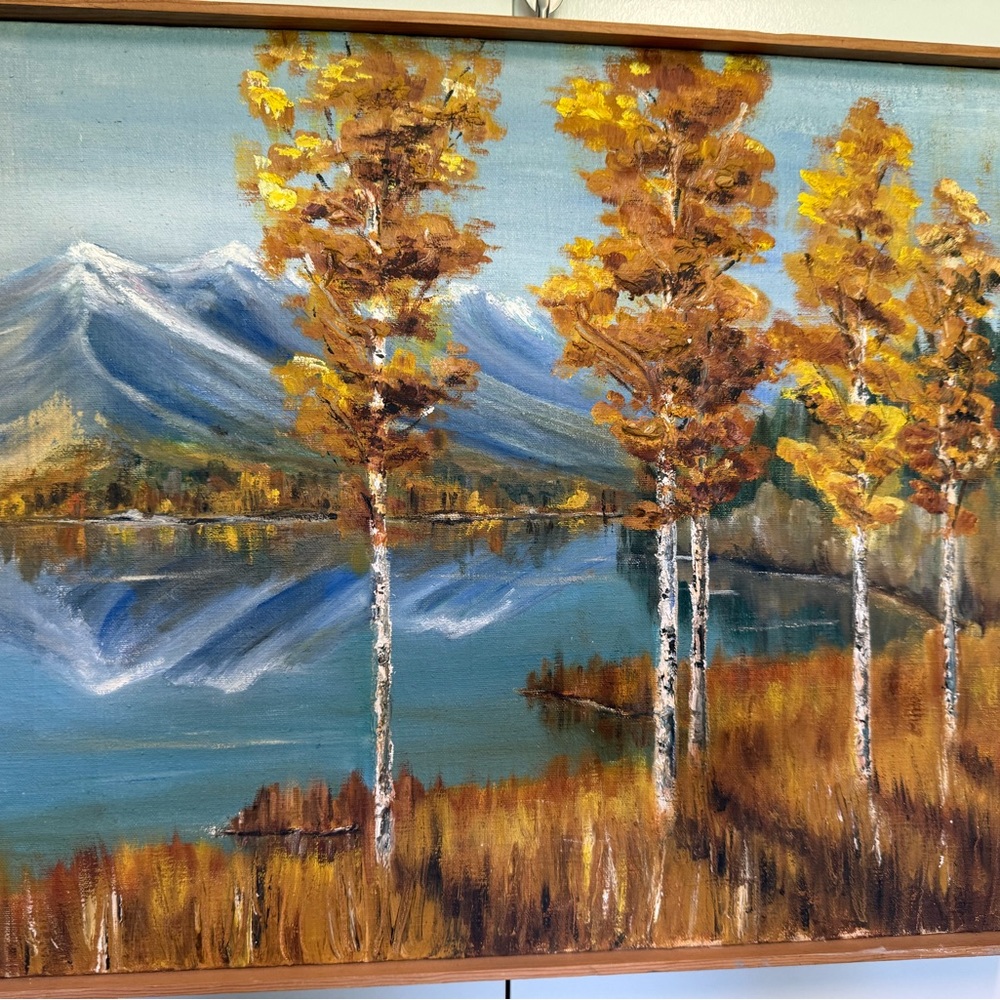 Gorgeous vintage fall painting. Mountains. Lake. Original on canvas.